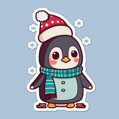 Sticker template with christmas penguin,  xmas penguin in hat stickers isolated decoration.