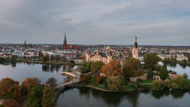 Aerial autumn skyline view of beautiful Schwerin Palace Castle (German: Schweriner Schloss) in Mecklenburg-Vorpommern, Germany