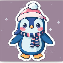 Sticker template with christmas penguin,  xmas penguin in hat stickers decoration. Winter collection