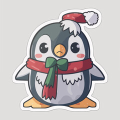 Sticker template with christmas penguin,  xmas penguin in hat stickers cute. Winter collection