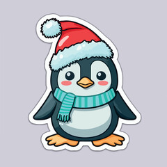 Christmas penguin cartoon sticker, xmas penguin in hat stickers decoration. Winter holidays