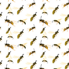 Different types of bees in different positions as a seamless pattern on a white background.