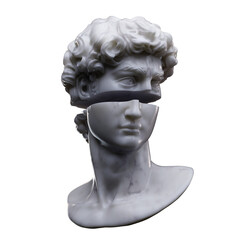 Abstract digital illustration from 3D rendering of male bust head of white marble sliced in two and isolated on light background.