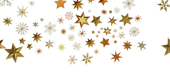 golden openwork shiny snowflakes, star, 3D rendering.