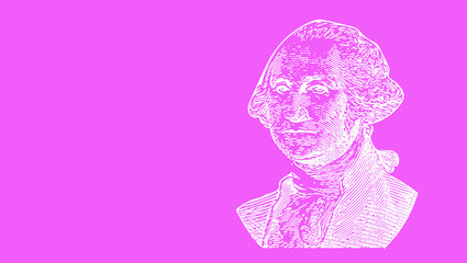 White illustrated portrait of George Washington on pink background.