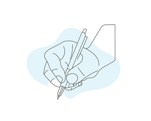 Human hand holding pen and writing, gesture position sketch line drawing, minimal line art illustrations