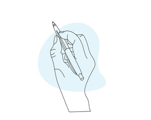 Human hand holding pen and writing, gesture position sketch line drawing, minimal line art illustrations