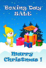 Merry Christmas! Cheerful snowman.
Boxing Day. Landscape. Card. Blue background.