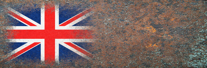 Flag of Britain. Flag painted on rusty surface. Rusty background. Copy space. Textured creative background