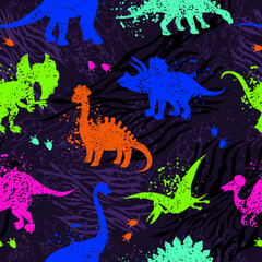 Seamless neon pattern with funny dinosaurs in vector. Bright children's background for textiles and fabrics. Texture with animals of the Jurassic period. Template for design.