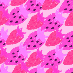 Freehand strawberries seamless pattern . Doodle strawberry endless wallpaper.