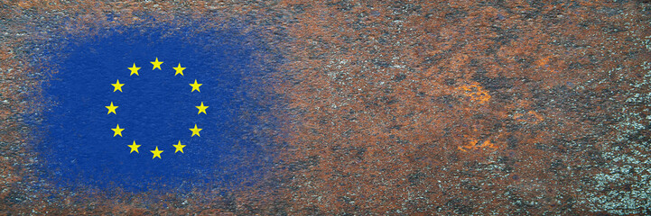 Flag of European Union. Flag painted on rusty surface. Rusty background. Copy space. Textured creative background