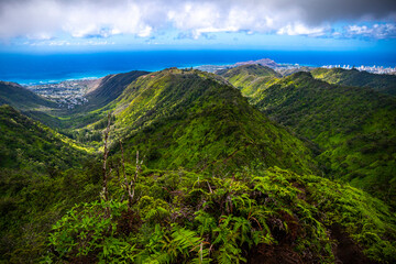 panorama of the hawaiian island of oahu and honolulu as seen from the top of the wiliwilinui ridge...