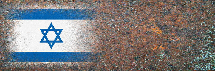 Flag of Israel. Flag painted on rusty surface. Rusty background. Copy space. Textured creative background