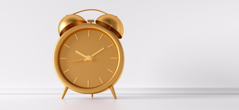Golden vintage alarm clock on white background - modern design - 3D Illustration