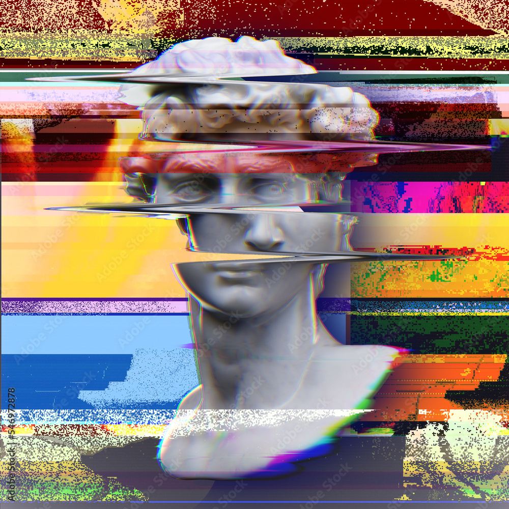 Fototapete abstract glitch art digital illustration from 3d rendering of white marble classical bust sliced in 
