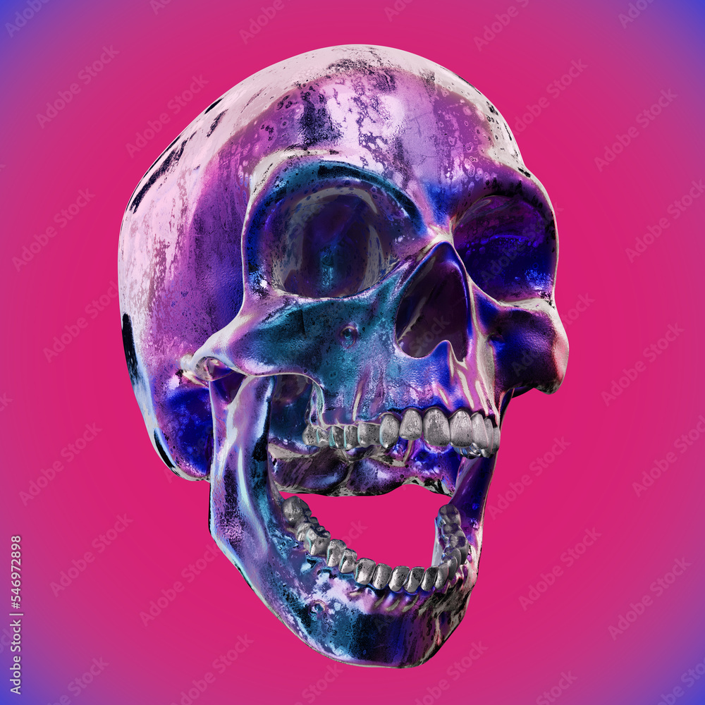 Poster abstract illustration from 3d rendering of a screaming skull made of colorful iridescent metal in va