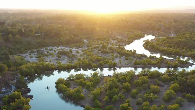 Aerial drone shot tracking a small traditional boat on Kongo River in mangrove forest of Diani, Kenya