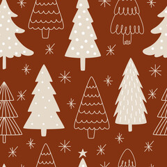 Cute hand-drawn beige Christmas trees on red background in Scandinavian style. Seamless vector pattern for the celebration of winter New Year and Christmas holidays