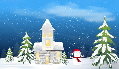 Winter landscape with a house background illustration