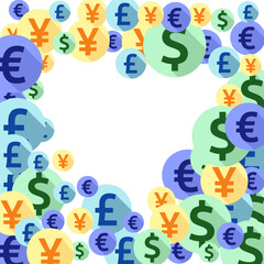Euro dollar pound yen round icons flying currency vector background. Profit growth concept.
