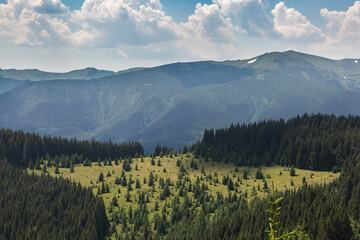 The view of the Chornogora mountain massif in the Carpathian spruce forests, travel concept