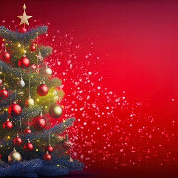 ai generative illustration of a decorated christmas tree against red background with glitter, copy space