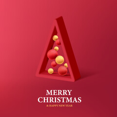 Merry Christmas greeting card with stylized Christmas tree as empty 3d render triangle with balls inside