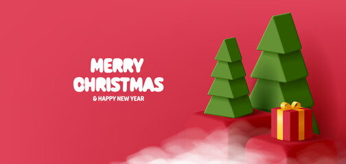 Fototapeta na wymiar Merry Christmas greeting 3d composition with stylized Cristmas tree and goft box, red background with fog or clouds