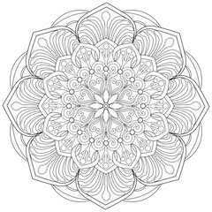 Colouring page, hand drawn, vector. Mandala 119, ethnic, swirl pattern, object isolated on white background.