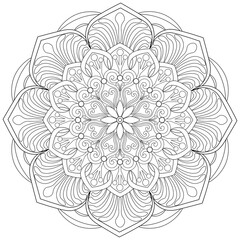 Colouring page, hand drawn, vector. Mandala 119, ethnic, swirl pattern, object isolated on white background.