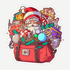 Christmas santa's bag cartoon sticker, xmas bag full of toys stickers pack. Winter holidays