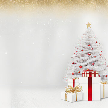 illustration of a white christmas tree with white presents in a white room, background image with copy space