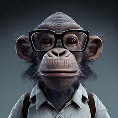 Nerd monkey in glasses as a grandpa. Monkey portrait on isolated background