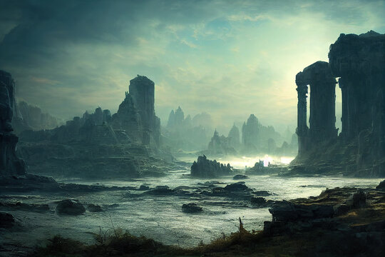 a beautiful futuristic landscape between mountains and waterfalls, science fiction