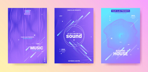 Dance Music Flyer Set. Electronic Party Cover. Abstract 3d Background. Gradient Distort Waves. Dance Music Flyer. Geometric Festiv Illustration. Techno Sound Poster. Blue Purple Dance Music Flyer.