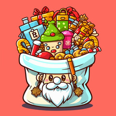 Naklejka premium Christmas santa's bag sticker, xmas bag full of toys printable stickers sheet. Winter holidays