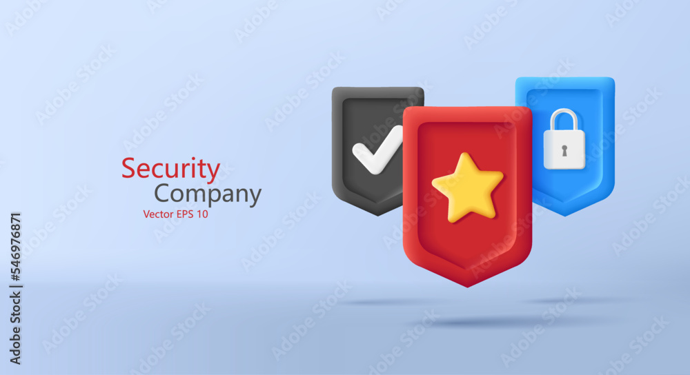 Poster 3d render shield icons with satr padlock and checkmark, digital security