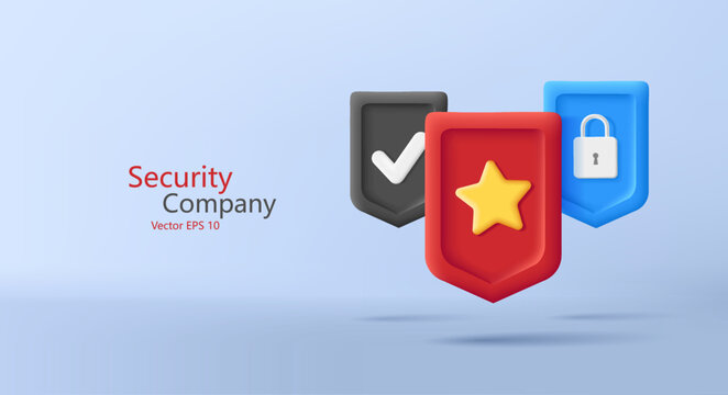 3d render shield icons with satr padlock and checkmark, digital security
