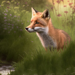 red fox vulpes in the meadow next go the stream