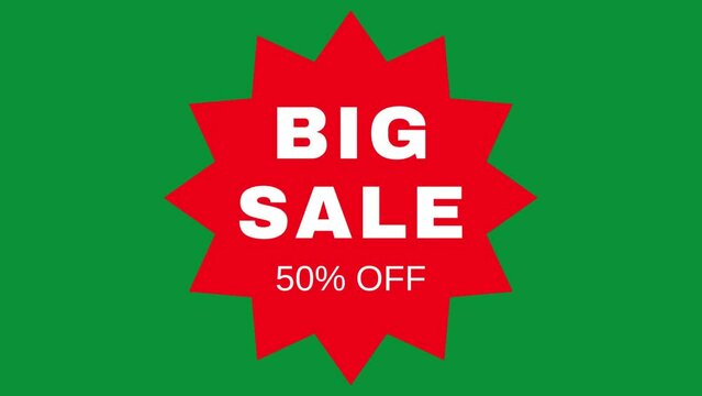 text animation motion graphics of "Big Sale - Up To 50% Off", perfect for banner business, marketing, and advertising. Green screen chroma key background.
