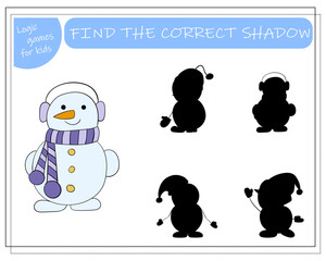 A logical game for children find the right shadow, snowman. vector illustration