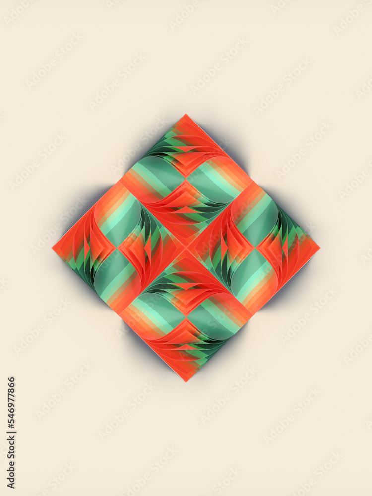 Poster diamond-shaped 3d rendering pattern of a stack curved sheets with color strips across them. digital 