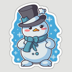 Christmas snowman cartoon sticker, xmas snowman in hat stickers isolated decoration.