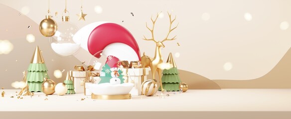 Christmas backgrounds decorate with minimal New year event theme. Merry Christmas scene for product display mock up banner. Gold glass ball in Xmas winter scene. Greeting card new year. 3D render.