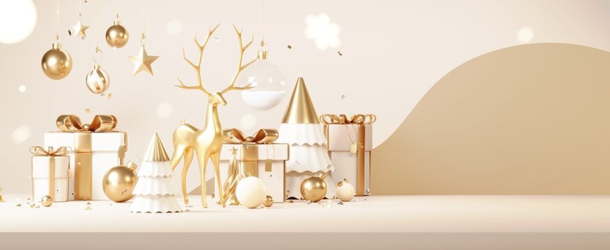 Christmas backgrounds decorate with minimal New year event theme. Merry Christmas scene for product display mock up banner. Gold glass ball in Xmas winter scene. Greeting card new year. 3D render.