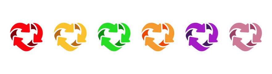 Heart recycle symbol, icon set. Heart with arrows. Vector EPS10