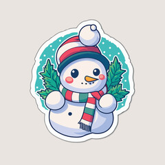 Sticker template with christmas snowman,  xmas snowman in hat stickers decoration. Winter holidays