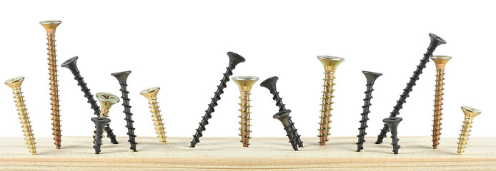 Colored screws, screwed in a wooden board isolated on white background. - obrazy, fototapety, plakaty
