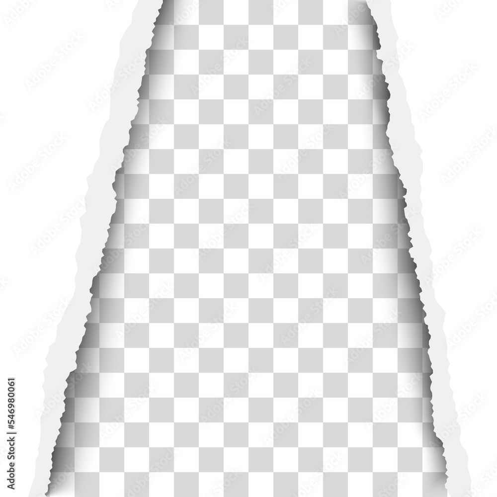 Wall mural torn, snatched vertical window with transparent background in sheet of vector white paper.